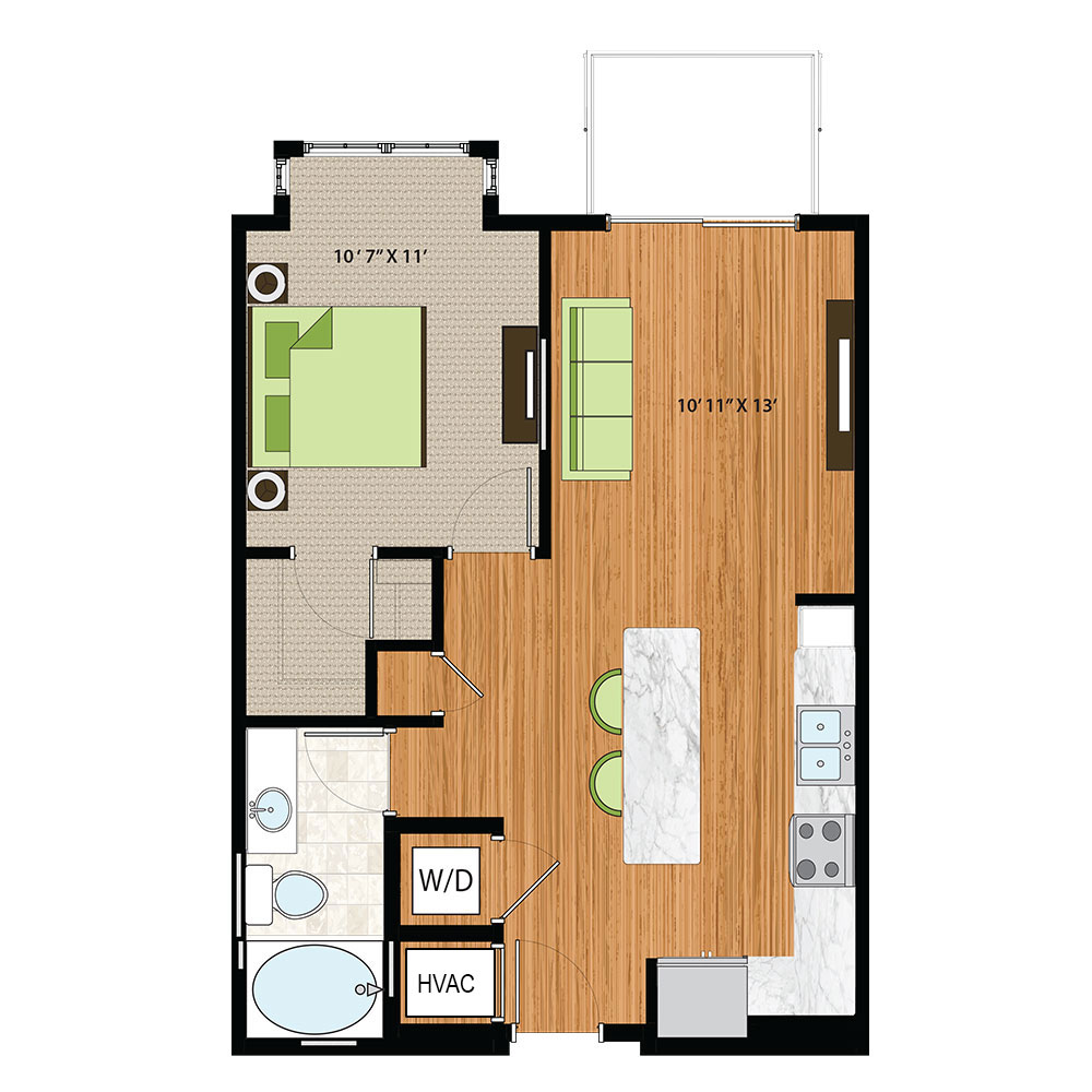 The Quin Schaumburg Apartments | One Bed / One Bath Box Bay Cor Floor Plan