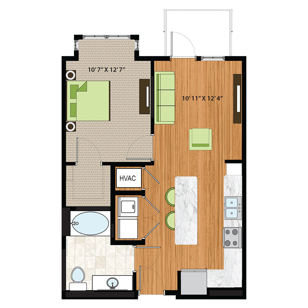 The Quin Schaumburg Apartments | One Bed / One Bath Adaptable B Floor Plan