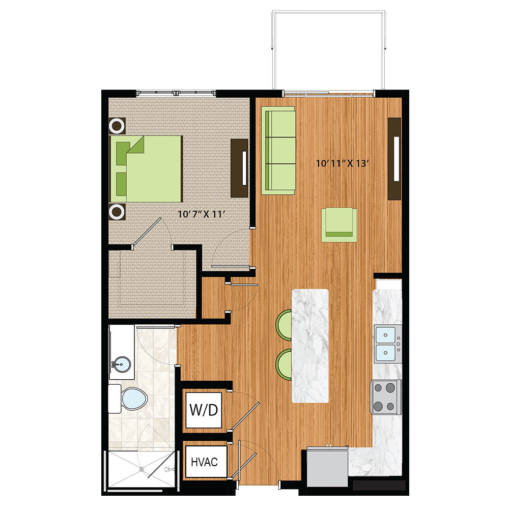 The Quin Schaumburg Apartments | One Bed / One Bath Corner Floor Plan