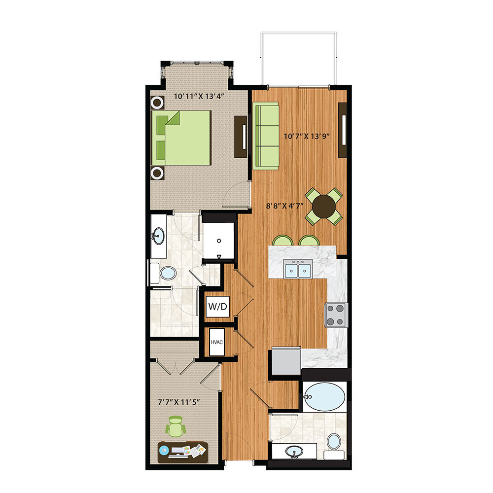 The Quin Schaumburg Apartments | One Bed / Den / Two Bath Box B Floor Plan