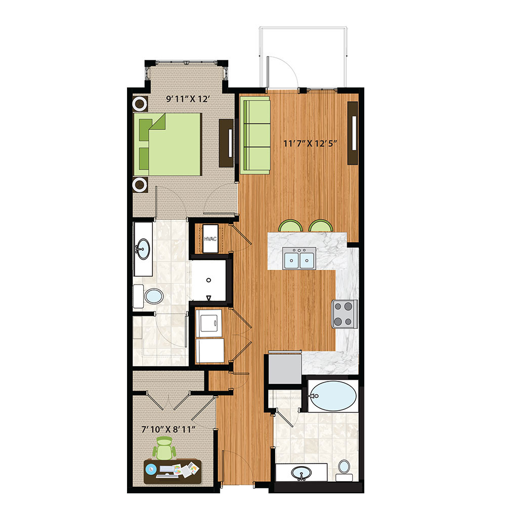 The Quin Schaumburg Apartments | One Bed / Den / Two Bath Small Floor Plan
