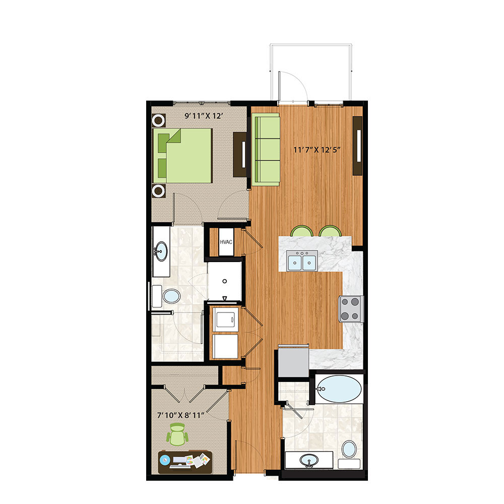 The Quin Schaumburg Apartments | One Bed / Den / Two Bath Small Floor Plan