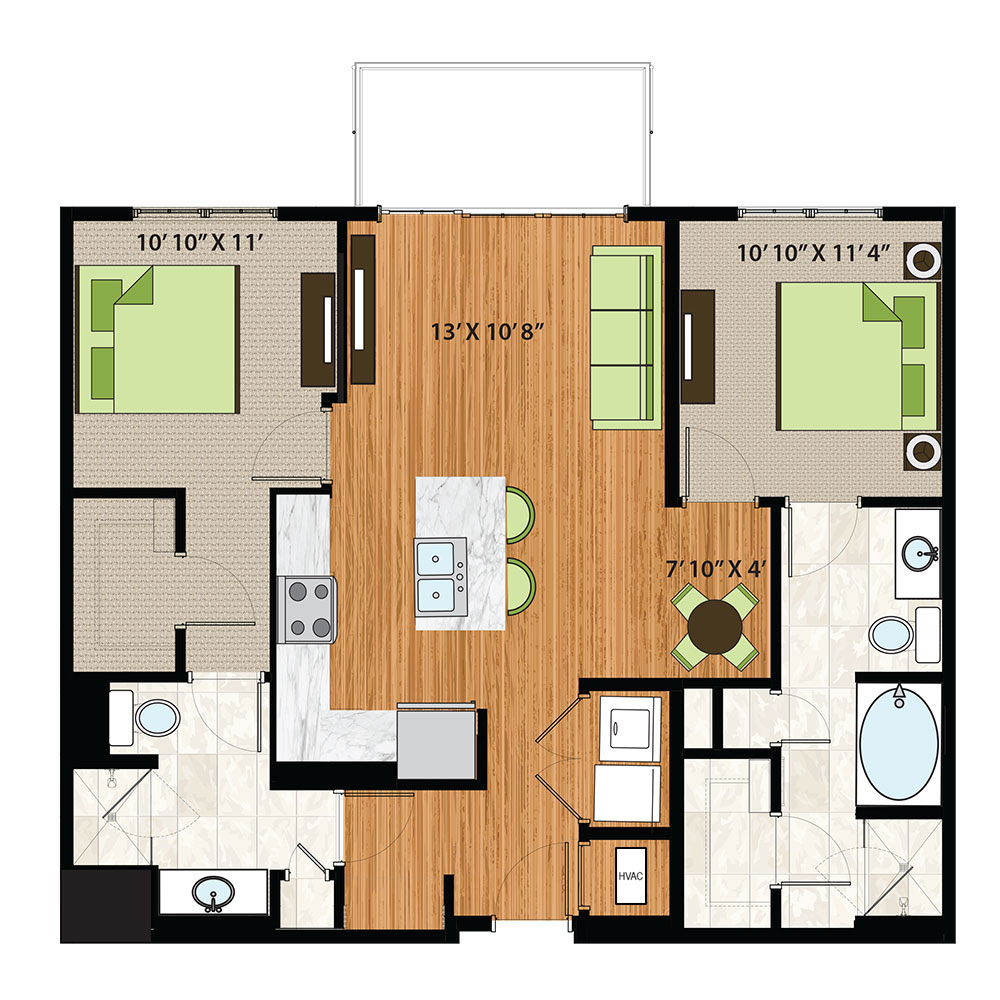 The Quin Schaumburg Apartments | Two Bed / Two Bath Adaptable Floor Plan