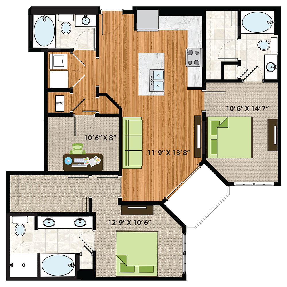 The Quin Schaumburg Apartments | Two Bed / Den / Three Bath Ada Floor Plan